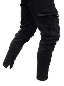 1pc Men's Slim Fit Side Pocket Zipper Closure Black Denim Pants - Black - View 5