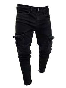 1pc Men's Slim Fit Side Pocket Zipper Closure Black Denim Pants - Black - View 3
