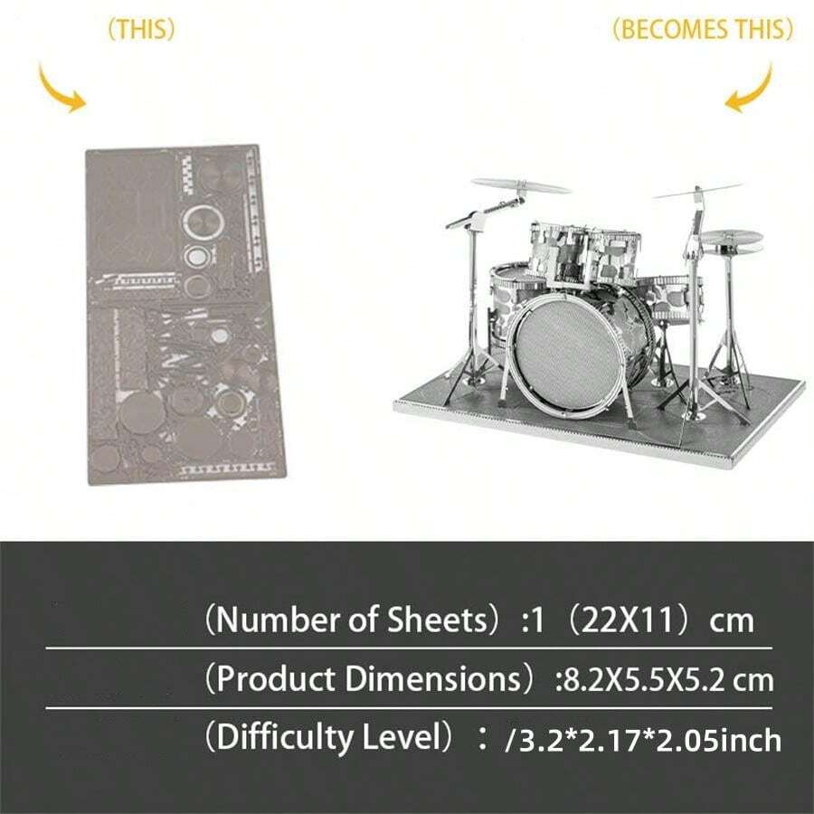 1 PC Drum Kit Full Metal Stainless Steel DIY Assembly Model 3D Glue