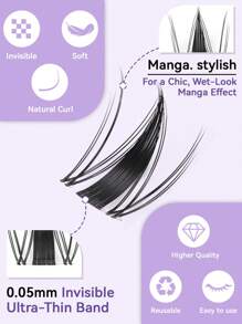 154PCS-C-Curl Fairy Lash Clusters Kit 10-18mm Manga Eyelash Clusters, DIY Eyelash Extensions Kit Wet-Look Spiky Anime Lashes Individual Fake Eyelashes Clusters Kit Ultra-Thin Invisible Lash Band - 黑色 - 查看 2