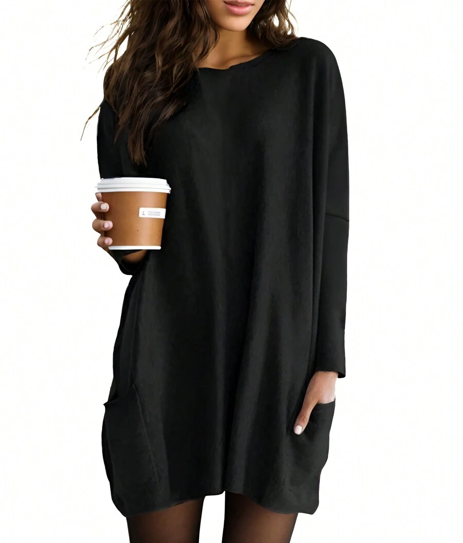 Women's Crew Neck Pocket Long Sleeve Pullover - Black - View 1