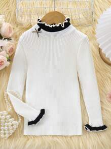 1pc Young Girl Solid Color Lace Trim Round Neck Fitted Knit Pullover Sweater Top - White - View 1