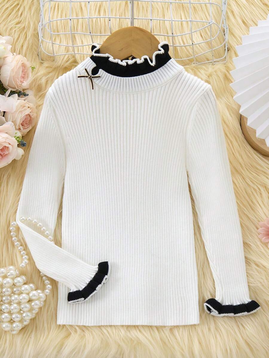 1pc Young Girl Solid Color Lace Trim Round Neck Fitted Knit Pullover Sweater Top - White - View 1