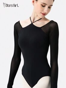DonsGirl 一件式女式黑色性感露背交叉芭蕾紧身衣 - 一体式连体衣，带一体式罩杯，别致的舞蹈服/表演服装