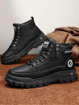 Botas altas para hombres, suela gruesa antideslizante, de caña media, punta redonda, con cordones y cremallera lateral, patchwork con costura de letras, estilo retro para botas de tobillo aptas para exterior, citas, reuniones, fotografía callejera, aventura, senderismo