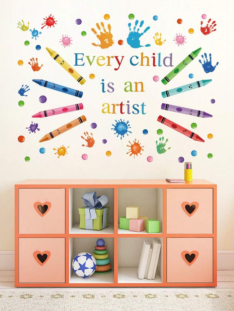 7 件套励志贴纸每个孩子都是艺术家彩色手印蜡笔墙贴卧室墙壁自粘纸 - 彩色 - 查看 1