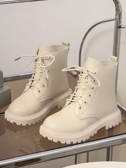 1 Paar Kinder/Kleinkind einfarbige PU Schnürstiefeletten, klassische Runde Zehenkappe mit rutschfester Sohle, Mode-Stiefel für Jungen und Mädchen von 3-12 Jahren, geeignet für Innen- und Außenbereich im Herbst/Winter