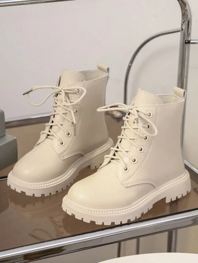 1pair Toddlers/Kids Solid Color PU Lace-Up Ankle Boots, Classic Round Toe Non-Slip Sole, Fashion Boots For Boys And Girls Aged 3-12, Suitable For Indoor & Outdoor Wear In Autumn/Winter