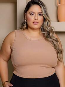 Women's Basic Plus Size Tank Top - 米色 - 查看 3