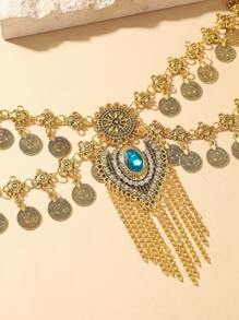 1pc Retro Exaggerated Distressed Metal Chain Crescent Disc & Tassel Waist Chain Body Jewelry, Bohemian Style High-End, Suitable For Women Party Dress And Occasion Wear