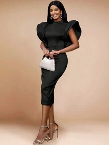 Women's High Neck Sequin Ruffle Sleeve Bodycon Midi Dress, Formal Evening Gown Suitable For New Year Party, Birthday, Wedding Guest, Graduation Ceremony, Gala, Homecoming, Cocktail Party - màu đen - Xem 2