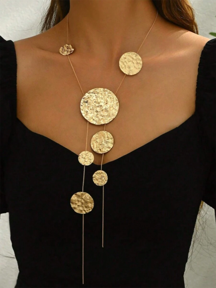 1pc Women's Y-Shape Necklace, Asymmetrical Hammered Round Pendant Geometric Long Tassel Necklace, Fashion Accessory For Casual Outfit - Golden - View 1