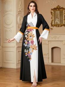 SISKAKIA Vestidos con escote en V, parches florales, bajo dividido con cinturón para mujeres árabes, ropa islámica, kaftan marroquí, primavera, vacaciones - Blanco y Negro - Ver 2