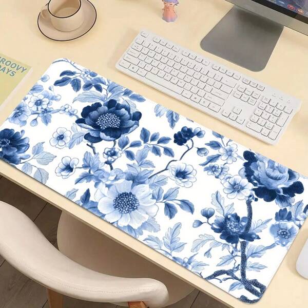 Blue And White Porcelain Pattern Desk Mat, Large Gaming Mouse Pad, Office Keyboard Pad, Edged, Rubber Anti-Slip Bottom, Odorless, Washable, Desk Accessories, Suitable As Gift Back To School