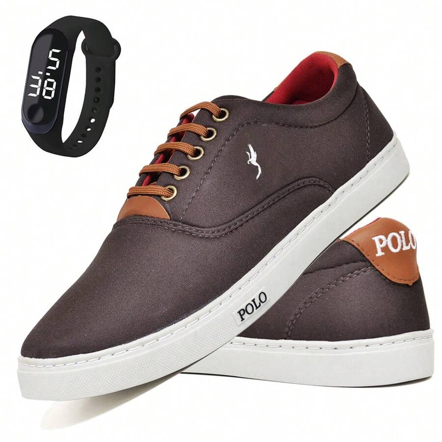 Men's Casual Polo Blu Sneakers + Digital Watch - Cà phê nâu - Xem 1