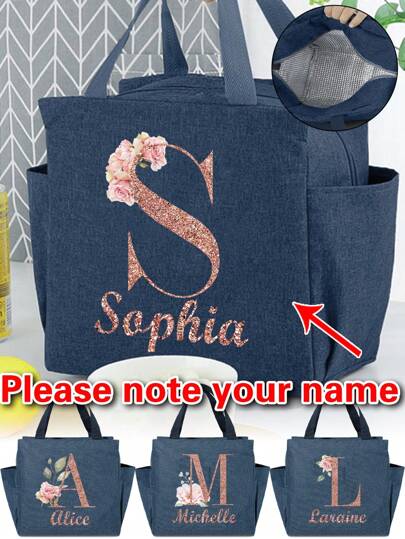 1pc Customiz Insulating Lunch Bag Personalized Custom Name A To Z Pattern Women Large-Capacity Cooler Handbags Student Thermal Lunch Bags For Work Thermal Bag For Women Insulated Refrigerated Lunch Box Bag Personal Tailor Picnic Bag Fridge Bag Name Initials Pattern Cooler Lunch Box Ice Pack Storage Bag