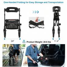 WALK MATE Tall Seniors-Folding Adjustable Aluminum Rollator Walker With Seat 12" Front Wheel + 10" Rear Wheel - 黑色 - 查看 11