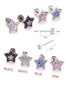 1pc 5A Cubic Zirconia Star Hypoallergenic Titanium Steel Cartilage Earring, 20G/0.8MM Flat Bottom External Thread Helix Piercing Jewelry, 4 Colors - Pentagram - View 2