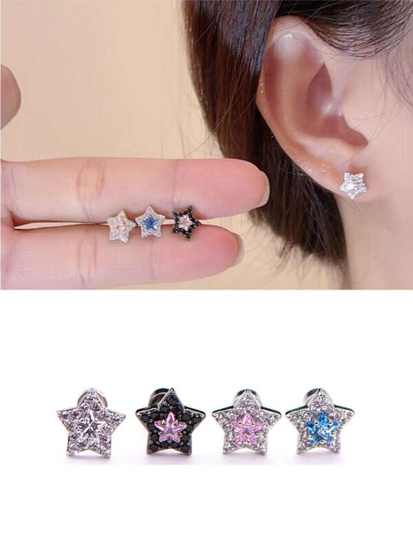 1pc Ultra Shiny 5A Cubic Zirconia Unique High-End Star Medical Grade Hypoallergenic Titanium Steel Tragus Earring, Round Flat Base External Threaded 20G/0.8MM Ear Cartilage Piercing, 4 Color 5-Pointed Star 316L Titanium Steel Unisex Couple Earrings For Ear Piercing