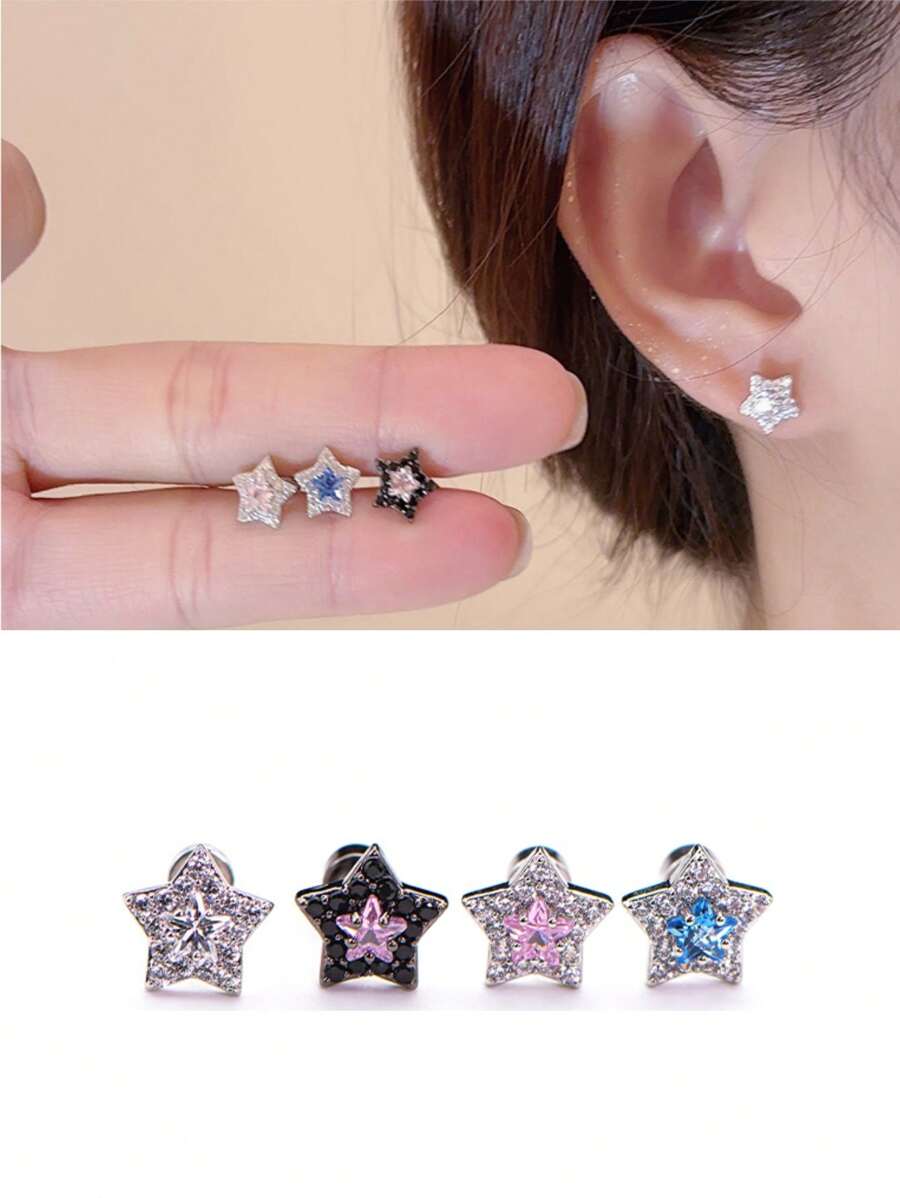 1pc 5A Cubic Zirconia Star Hypoallergenic Titanium Steel Cartilage Earring, 20G/0.8MM Flat Bottom External Thread Helix Piercing Jewelry, 4 Colors - Pentagram - View 1