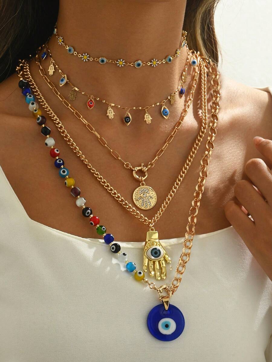时尚奢华女士多层蓝色邪眼手形吊坠项链,粗款珠宝厚 U 型链配玻璃珠项链,夸张手眼吊坠装饰项圈,适合日常和派对佩戴,眼珠颜色随机分布 - 邪惡之眼 - 查看 1