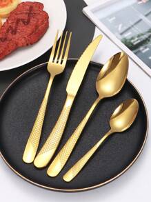 Christmas 4/16/24/32pcs Stainless Steel Knife, Fork, Spoon Cutlery Set, Suitable For Kitchen, Dining, Wedding, Party, Holiday Gift Home Decor New Year Gift - Gold - View 4