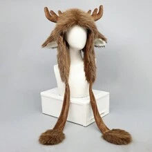 1 件圣诞驯鹿角泰迪熊毛绒捕手帽，秋冬保暖耳罩，圣诞派对服装道具万圣节