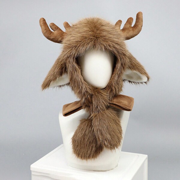 1pc Christmas Reindeer Horn Teddy Plush Trapper Hat, Autumn/Winter Warm Ear Protection, Christmas Party Costume Prop Halloween