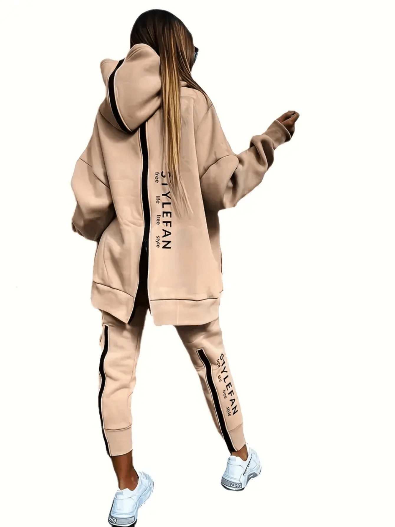 Winter Women's Long-Sleeved Sweatshirt And Sports Pants Two-Piece Set, Back Zip Style, Warm Clothing For Commuting Or Home Or Going Out - Khaki - View 1