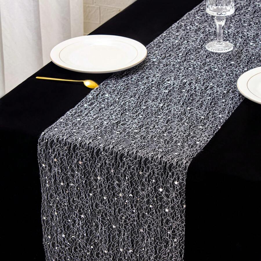 1件/3件丝网金线随机网桌旗热钻星星亮片圣诞新年酒店餐厅家庭聚会户外野餐装饰桌旗 - 金色 - 查看 1