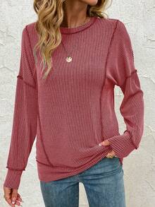 Women Long Sleeve Fall Tops Dressy Casual Ribbed Loose Fit Oversized Sweatshirts - Red - View 1