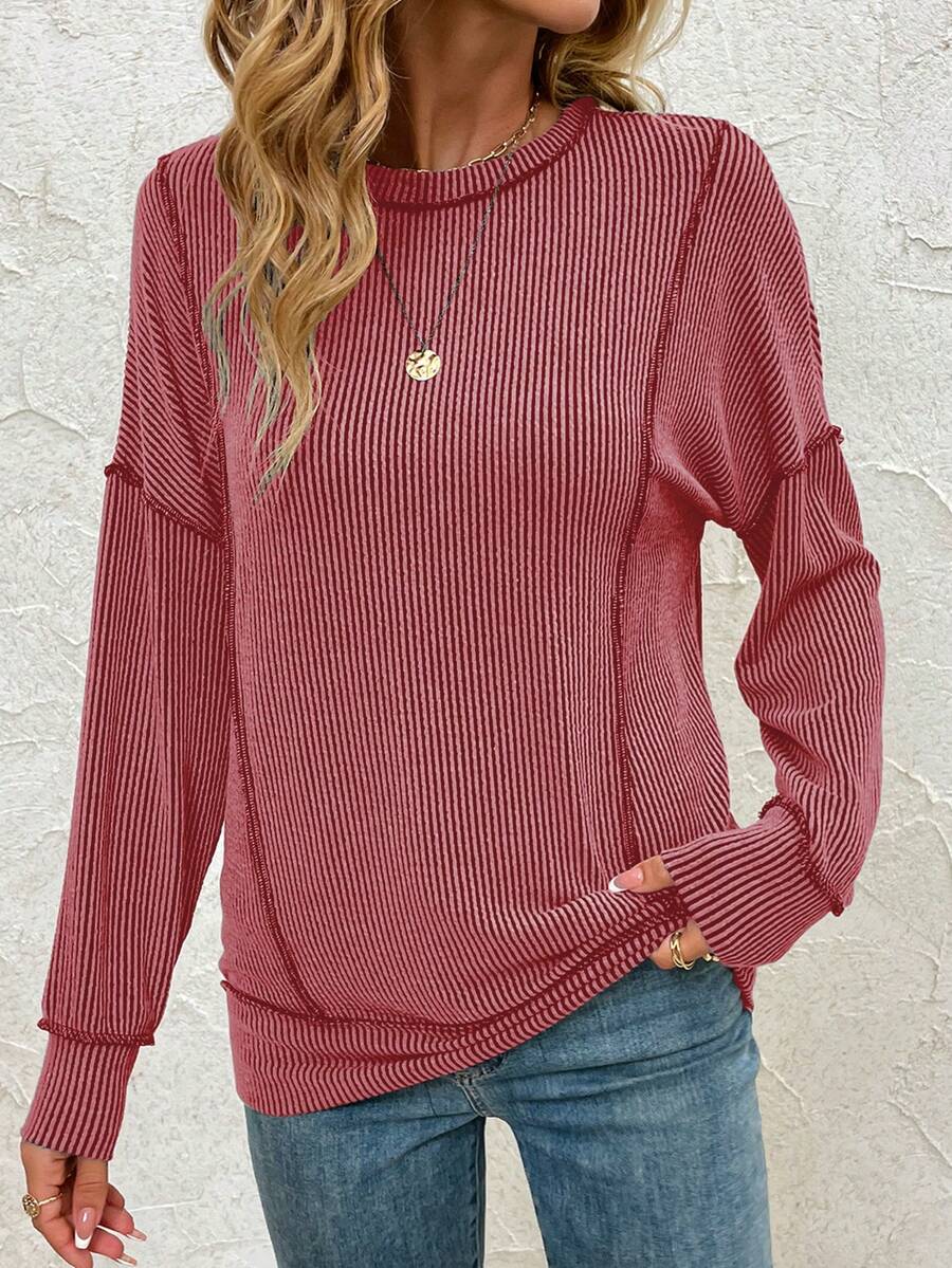 Women Long Sleeve Fall Tops Dressy Casual Ribbed Loose Fit Oversized Sweatshirts - Red - View 1