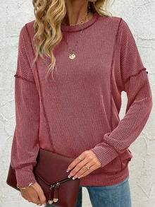 Women Long Sleeve Fall Tops Dressy Casual Ribbed Loose Fit Oversized Sweatshirts - Red - View 3