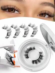 1 Pair C Curl Magnetic False Eyelashes Kit With Mirror & Applicator Glue-Free Eyelashes 3D Natural Manga Eyelashes Cat Eye Fluffy Faux Mink Eye Lashes With Tweezers Makeup Tool - 黑色 - 查看 2