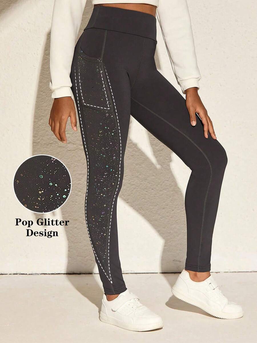 1pc Girl Youth MoistureWicking High Waist Pockets Yoga Leggings, Slim