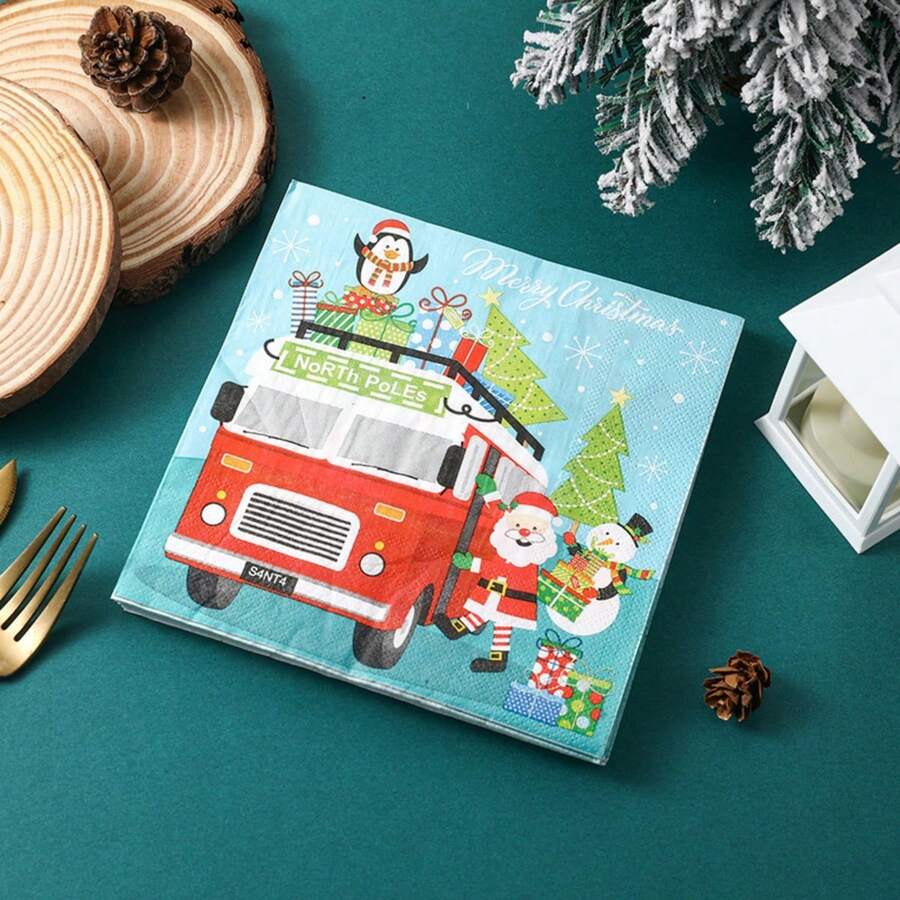 5/20/50pcs Christmas Disposable Napkins, 2-Ply, 13x13inch, The Fire Fighting Truck And Santa Claus Christmas Paper Napkins, Christmas Dinner Napkins, Christmas Cocktail Napkins, Disposable Christmas Napkins, Christmas Dinner Napkins - Multicolor - View 1