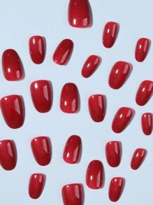 24pcs Short Oval Red Acrylic False Nails Set. Includes 1pc Jelly Gel And 1pc Nail File, Easy To Wear. - Rose Red - View 2