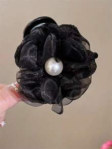 1 件装女士珍珠和网状花朵装饰发爪夹，发爪发夹，适用于发髻发型配件 - 彩色 - 查看 6