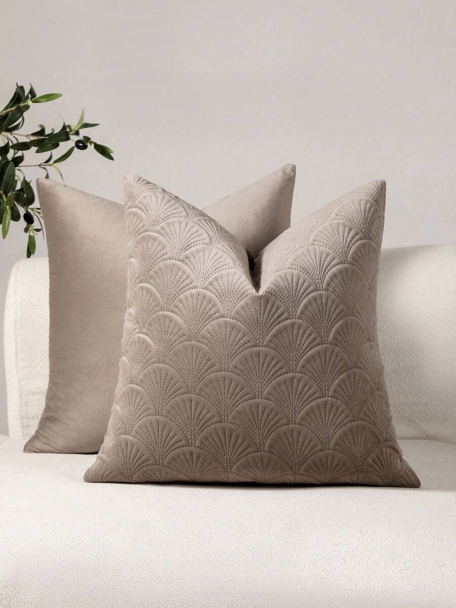 1 件家居简约纯色天鹅绒压花抱枕套，适合客厅、卧室、沙发 - 卡其色 - 查看 1