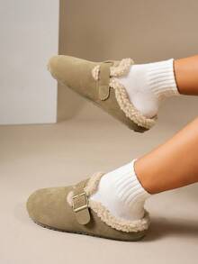 Dép xỏ ngón lót nhiệt cho nữ, Dép đi trong nhà/ngoài trời đế bằng mềm mại mùa đông mới - Màu Khaki - Xem 3