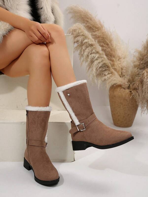 Women's Comfortable Buckle Thick Heel Boots, New Winter Versatile Matching Puffer Dress, Dance Party Casual Western Style Boots, Thick Plush Lining, Warm & Comfy, Mid Calf 4cm Heel Height, Brown Zipper Fashionable Boots