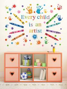 7 件套励志贴纸每个孩子都是艺术家彩色手印蜡笔墙贴卧室墙壁自粘纸 - 彩色 - 查看 2