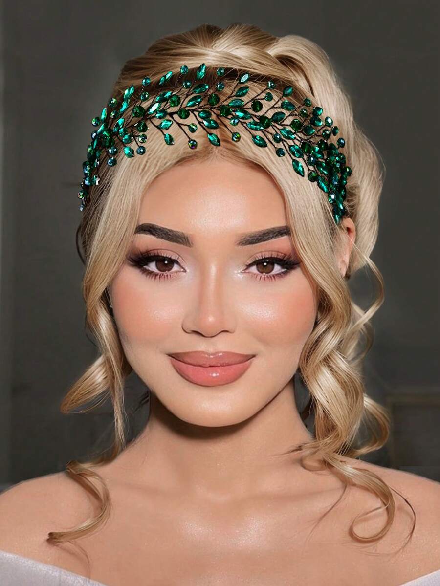 1 件绿水晶头带，手工制作的新娘派对配饰，宴会、婚礼、派对时尚饰品