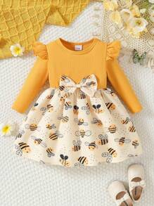 Baby Girl Floral Print Crew Neck Cute Bee Bow Decor Knee Length Fashion Comfortable Dress For Autumn - Yellow - View 1
