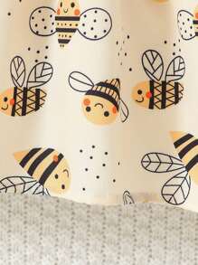 Baby Girl Floral Print Crew Neck Cute Bee Bow Decor Knee Length Fashion Comfortable Dress For Autumn - Yellow - View 7