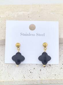 2pcs Flower Natural Stone Women 18K Gold Plated Stainless Steel Thick Stud Earrings, 4 Petal Floral Design Valentines