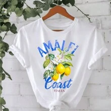 Amalfi Coast Top Women's T-Shirt, Italian Lemon Graphic T-Shirt, Comfortable Color Italian T-Shirt, Fashion Print T-Shirt, Positano Top, Vintage Aesthetic Summer Top, Capri - trắng - Xem 1