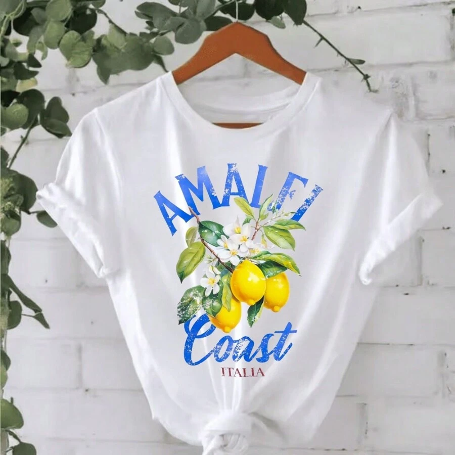Amalfi Coast Top Women's T-Shirt, Italian Lemon Graphic T-Shirt, Comfortable Color Italian T-Shirt, Fashion Print T-Shirt, Positano Top, Vintage Aesthetic Summer Top, Capri - trắng - Xem 1