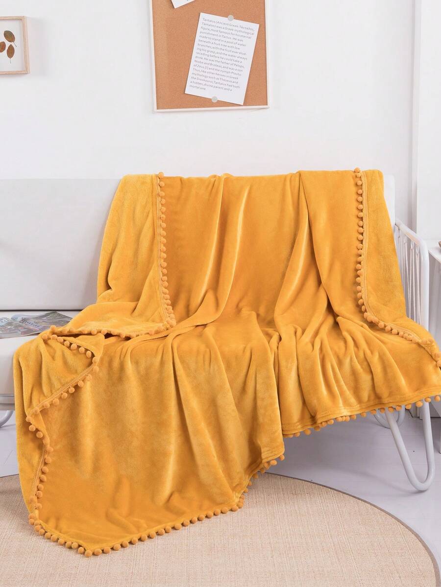 1pc PomPom Tassel Edging Solid Color Throw Blanket, Suitable For Home