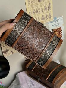 1pc Vintage Handmade Wooden Box With Leather Floral Pattern Lock, Jewelry Storage Box, Home Decor, Desk Organizer, Suitable For Daily Use, Holiday Gifts Back To School